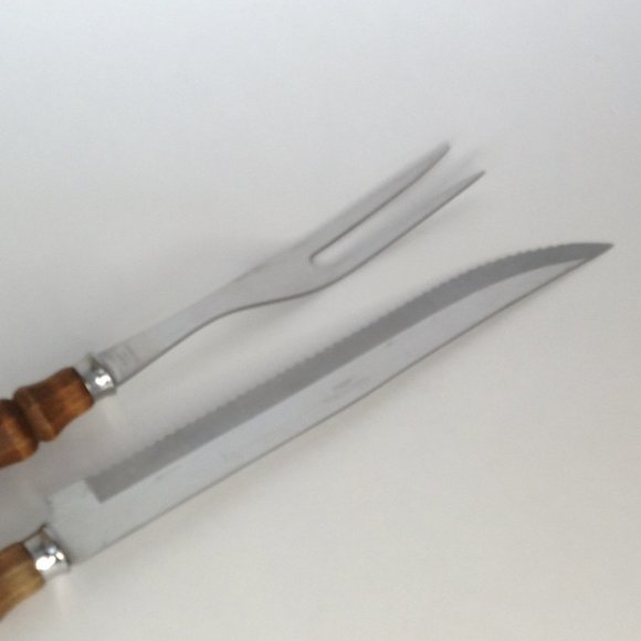 Vintage 2 Piece Knife & Fork Stainless Steel Japan Carving Set Wooden Handles - Picture 7 of 9
